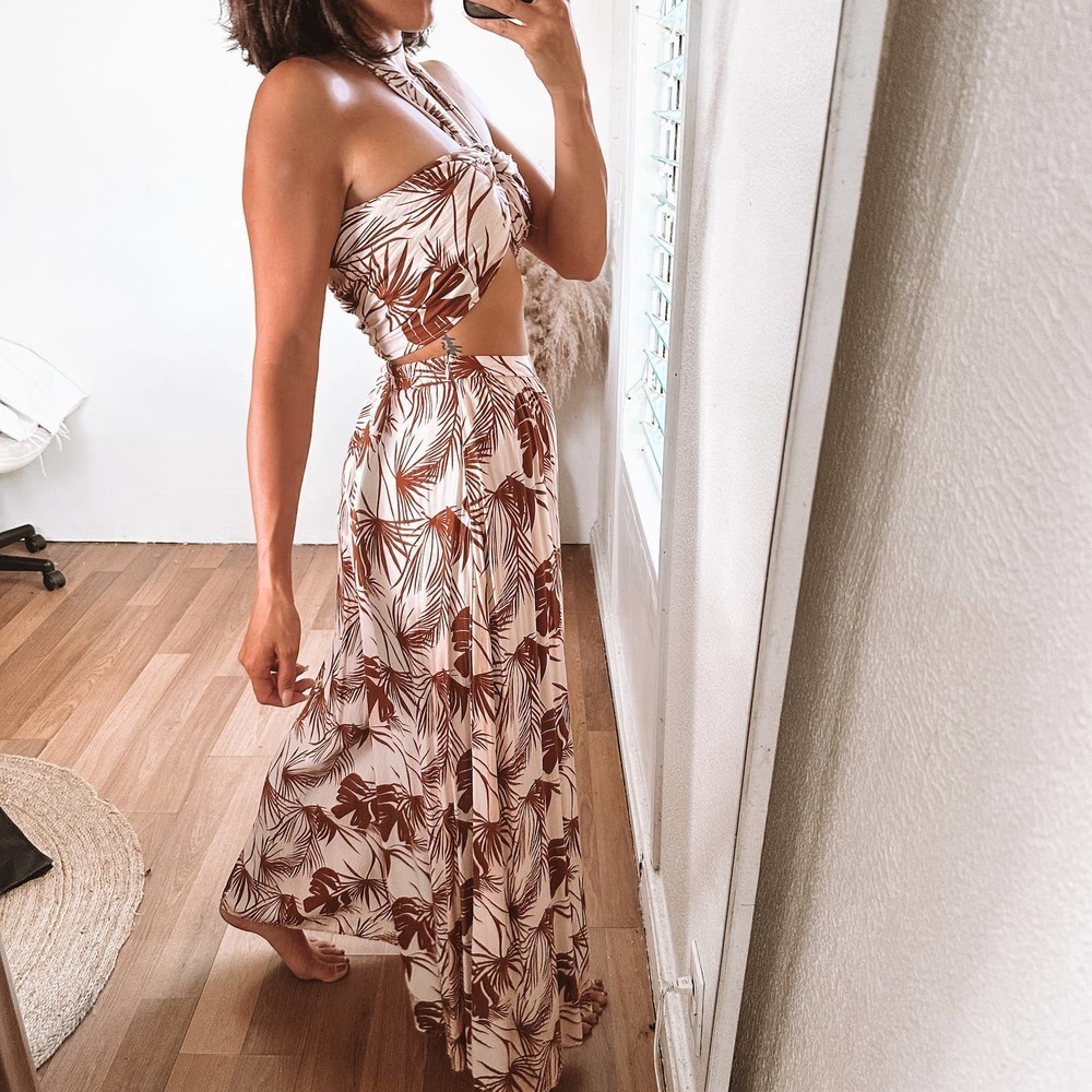 Aakaa Tropical Wide Leg Set Beige Size Small - Picture 9 of 16